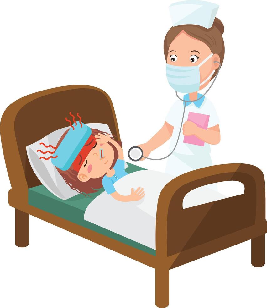 Cartoon Kid Girl lying in bed with high fever vector