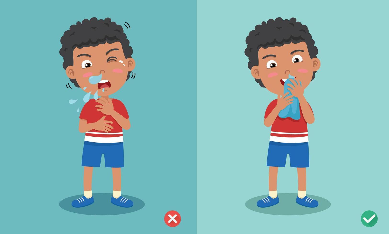 Kid boy right and wrong sneezing in hand and handkerchief illustration vector