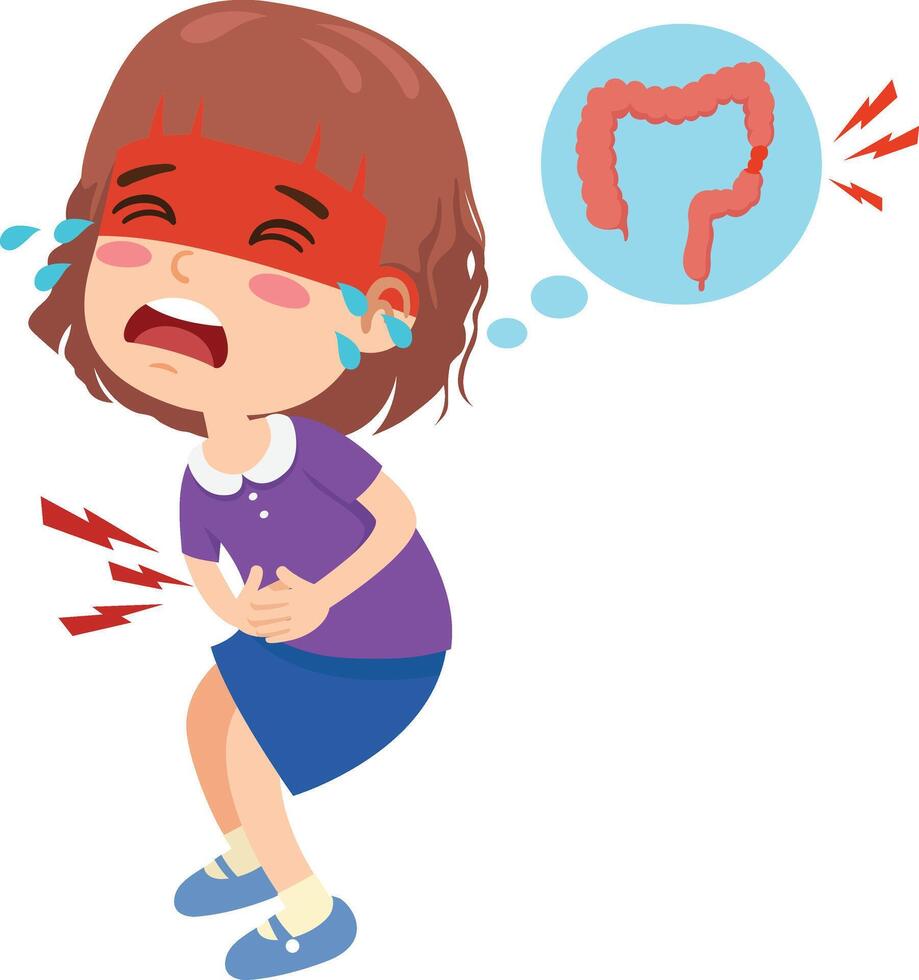 Kid girl feeling pain in stomach ache vector