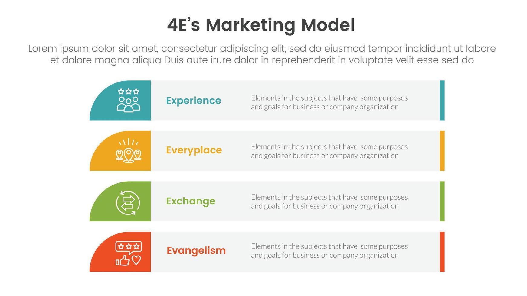 4E marketing model infographic 4 point stage template with long rectangle box vertical stack for slide presentation vector