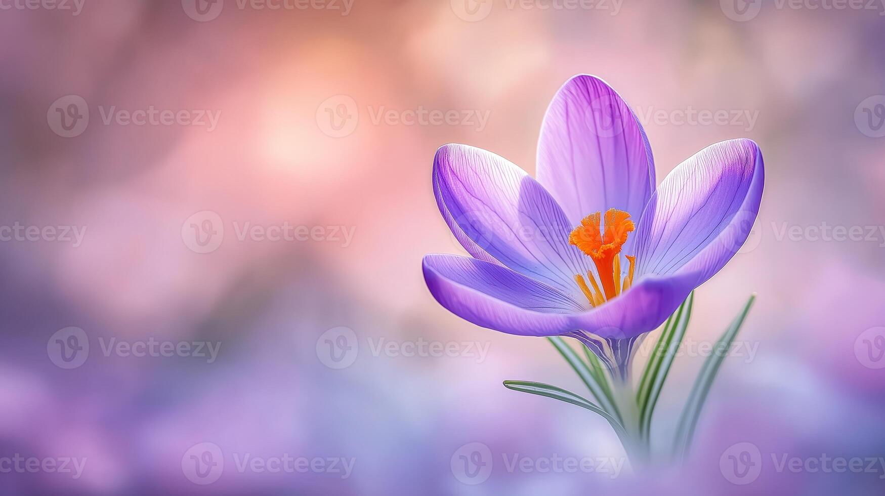 Beautiful purple crocus on soft blurred background, with copy space photo