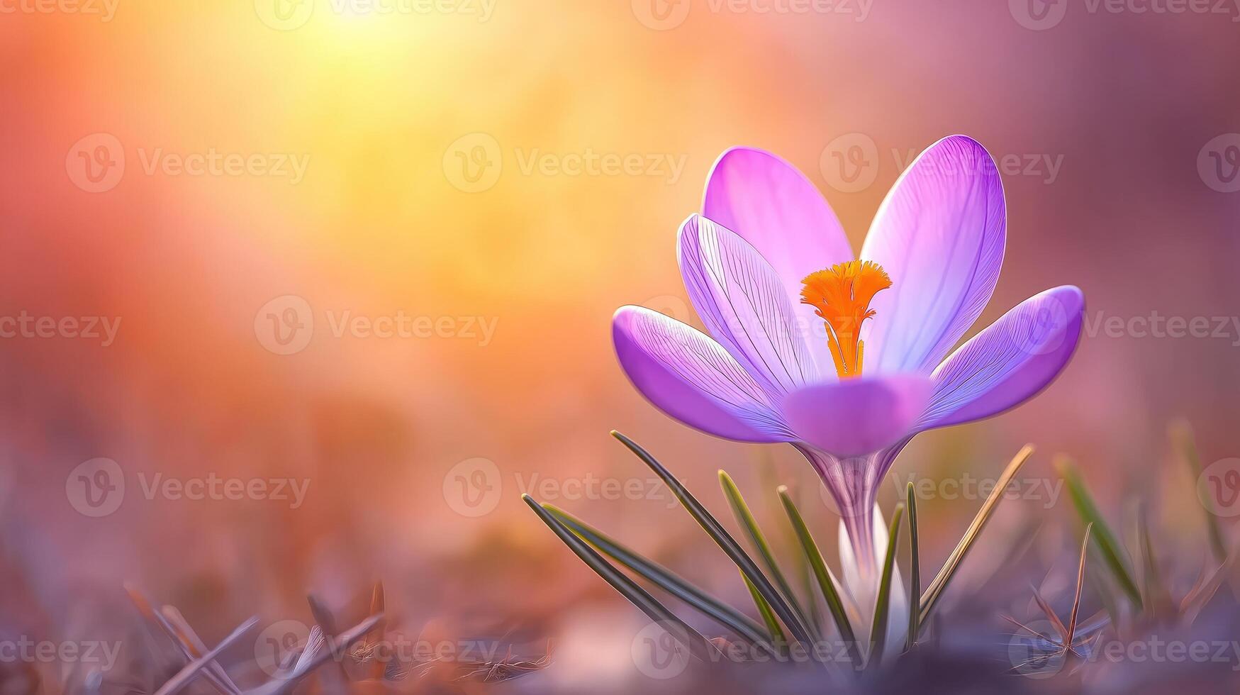 Purple crocus on soft blurred background, copy space photo