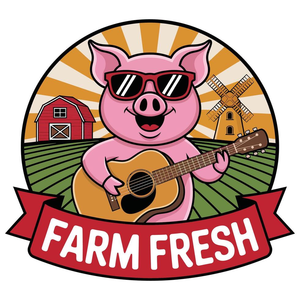 A pig wearing sunglasses and holding a guitar is wearing a farm fresh logo vector