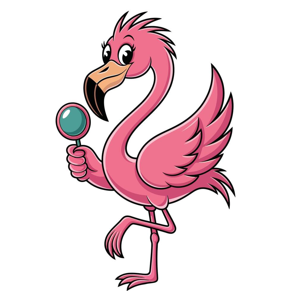 Flamingo cartoon character holding a magnifying glass vector