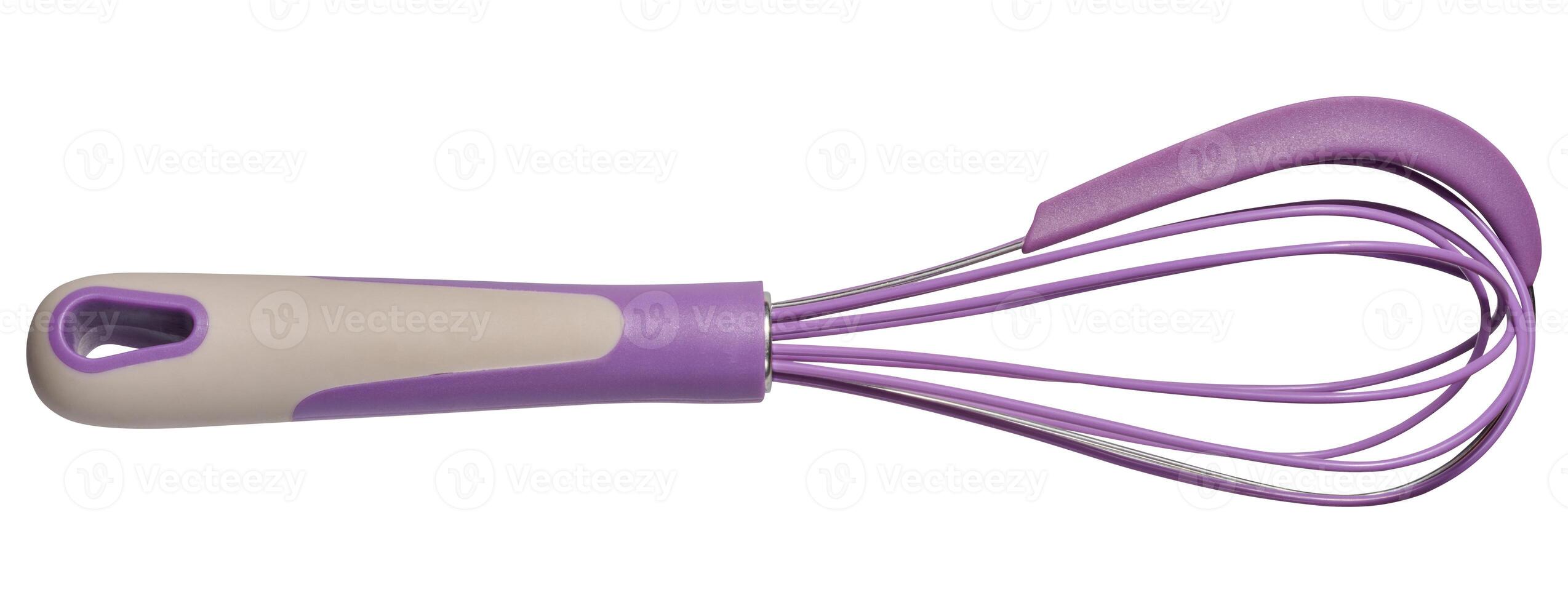 Purple silicone-coated whisk with ergonomic handle on isolated background photo