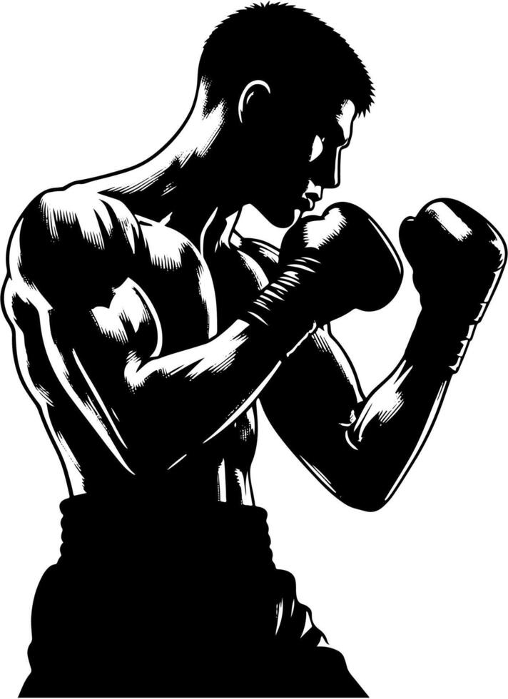 Boxer with his guard up, image from the waist and up, in black and white vector