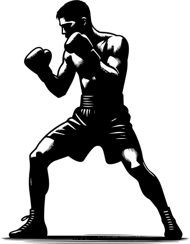 Boxer In A Defensive Stance, Black And White Boxing Silhouette vector