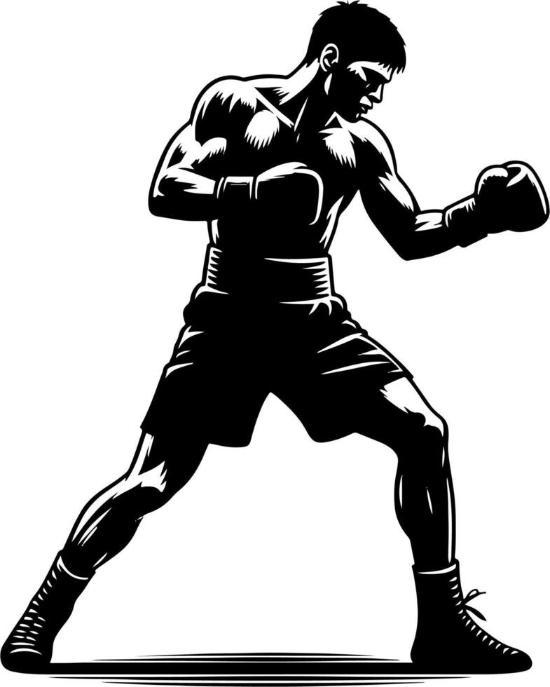 Boxer Throwing A Body Punch In A Black And White Silhouette vector