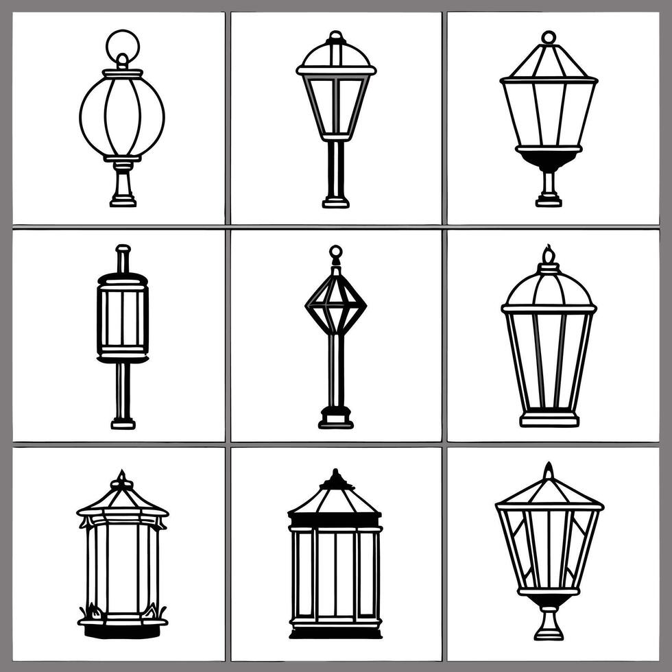 Minimalist Light Fixtures Line Art of Pendant, Table, and Wall Lamps vector