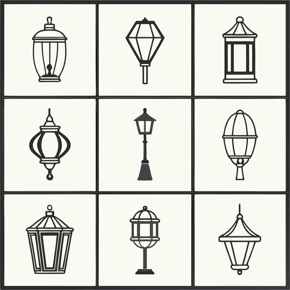 Black and White Lamp Sketches Pendant, Table, and Wall Lights vector