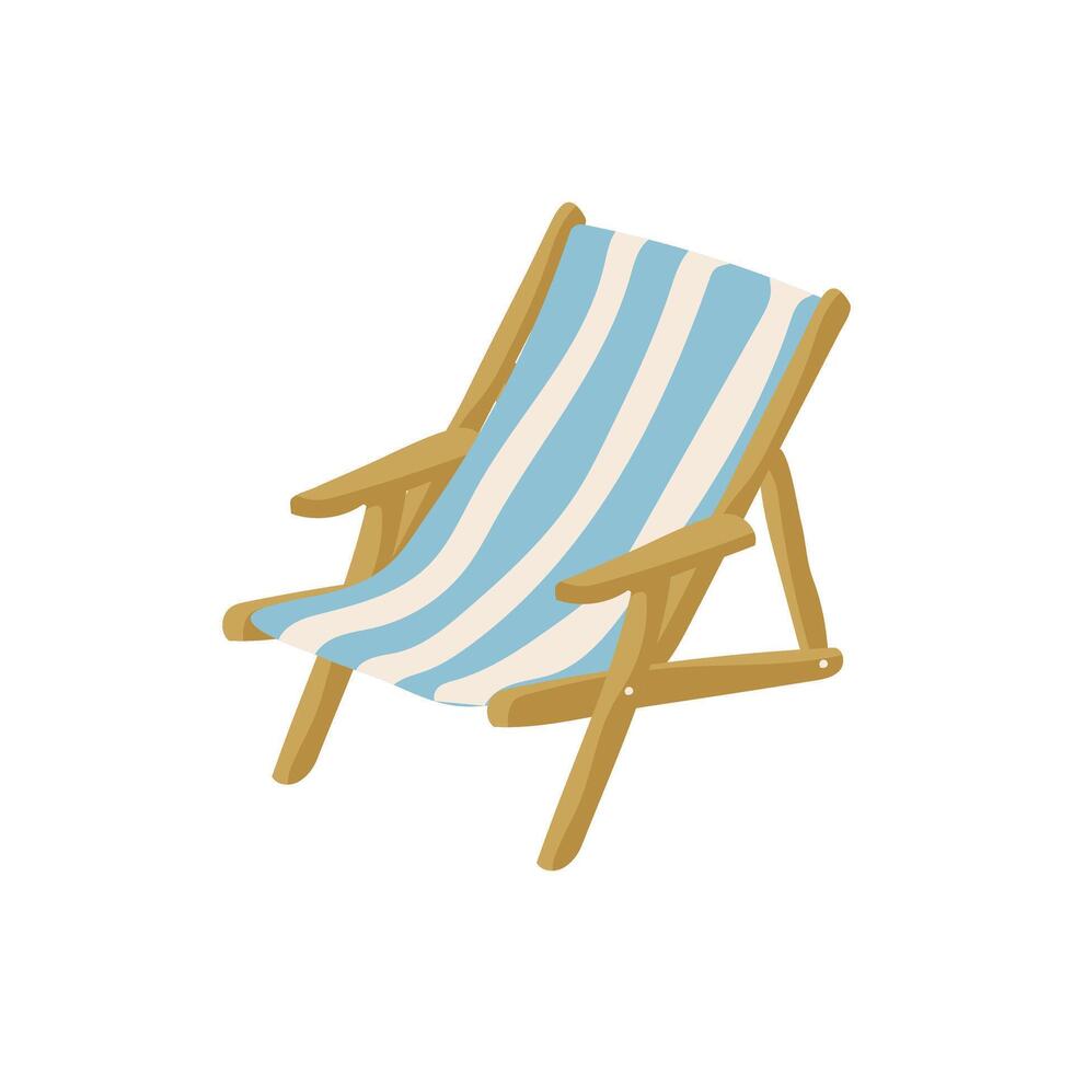 A blue and white striped beach chair with wooden legs. The chair is empty and is sitting on a white background vector