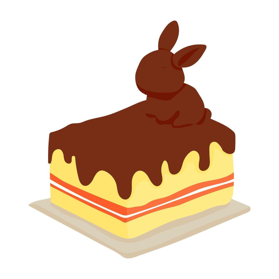 A chocolate cake with a rabbit on top. The rabbit is sleeping. The cake is on a white plate vector