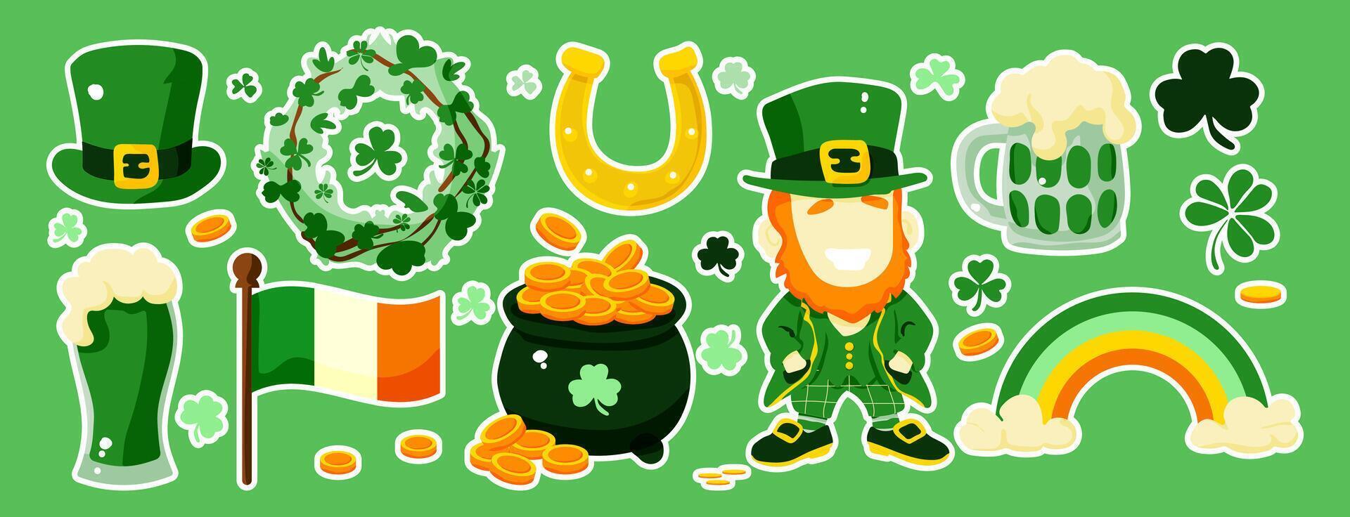 A green background with various symbols of St. Patrick's Day. A man wearing a green hat and a green vest is standing in front of a green flag. There are also a few coins and a cup vector