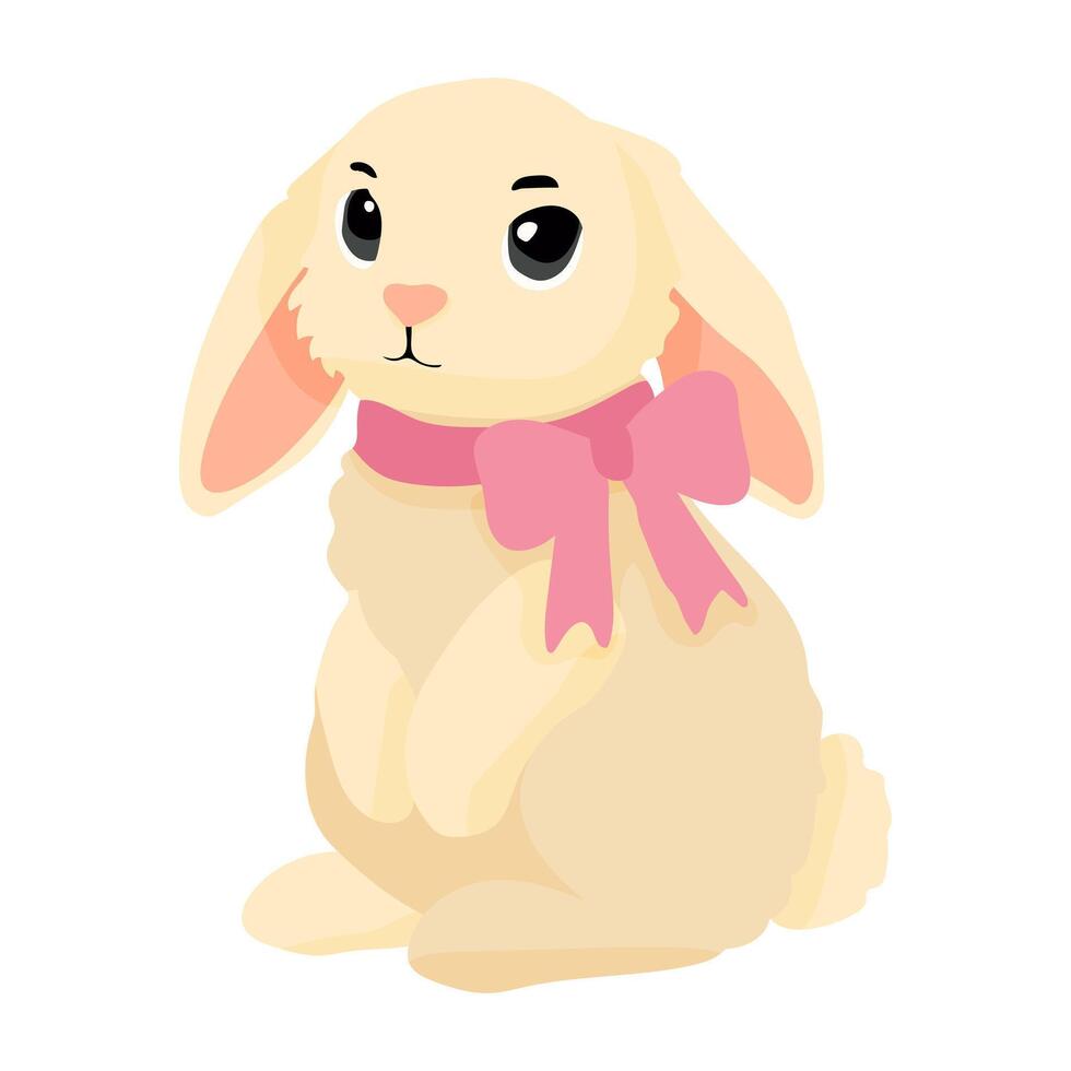 A rabbit with a pink bow around its neck. The rabbit is sitting on a white background. The image has a cute and playful mood vector