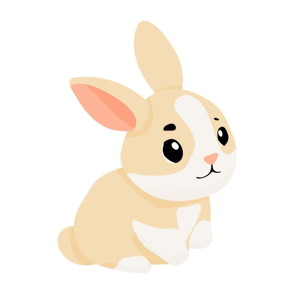 A cute rabbit with a pink ear is sitting on a white background. The rabbit has a curious expression on its face, and it is looking at the camera vector