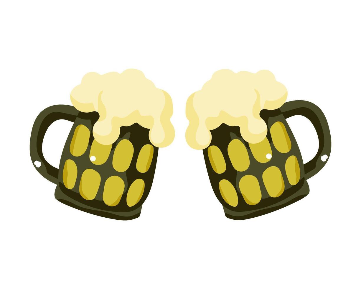 Two cups of beer with foam on top. The cups are yellow and black. The image has a fun and playful mood vector