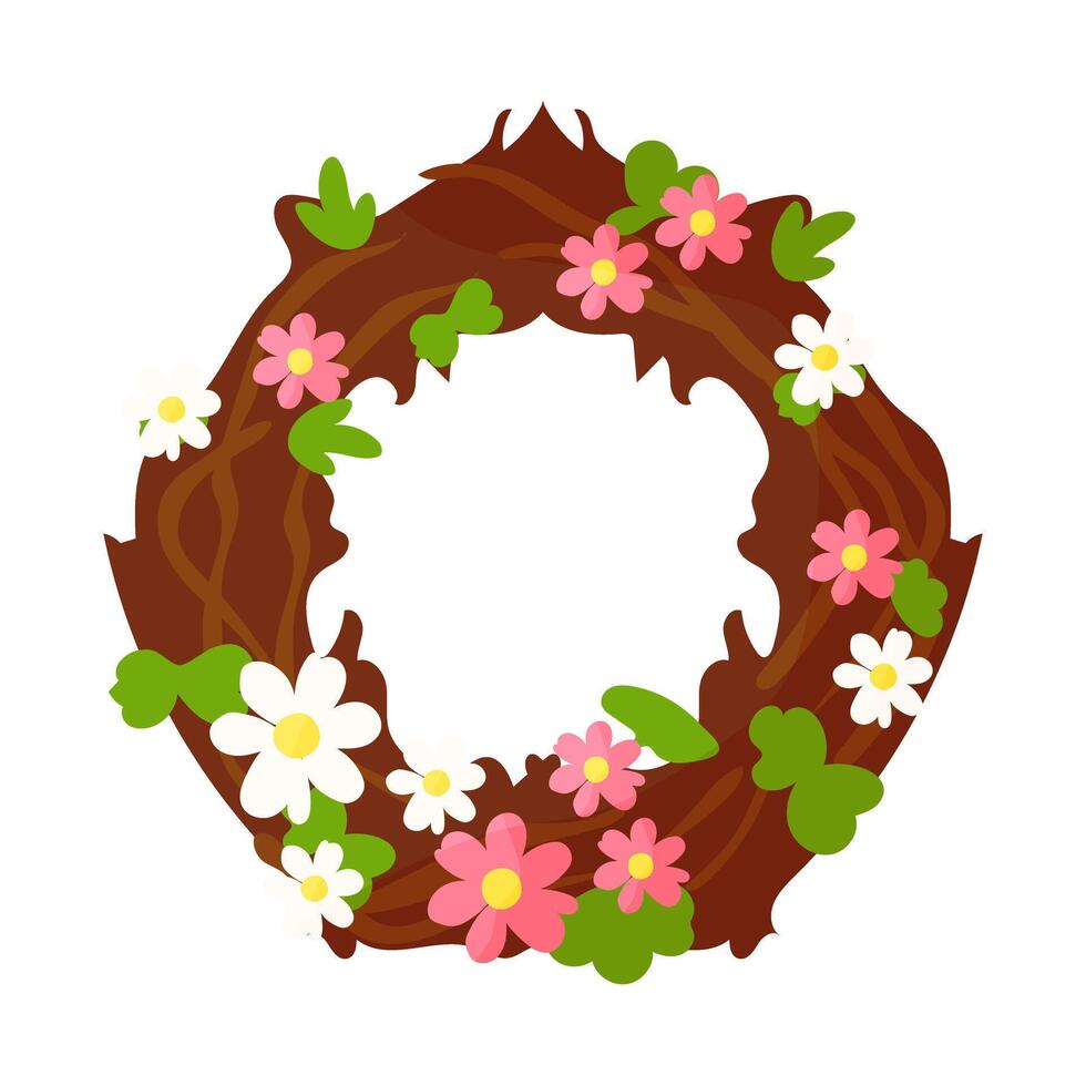 A beautiful wreath made of twigs and flowers, with a white background. The flowers are a mix of pink and white, and they are arranged in a circular pattern. vector