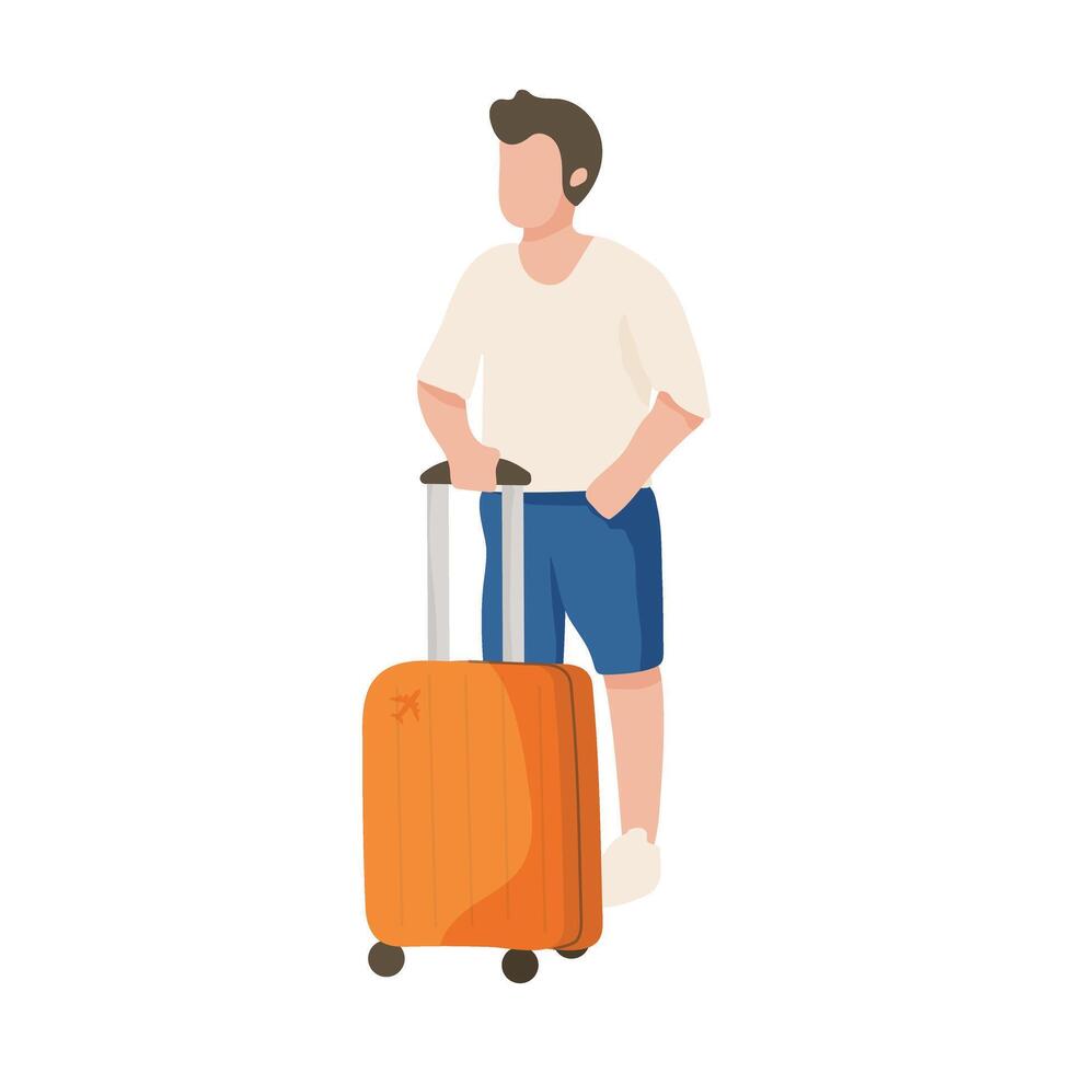 A man is holding a suitcase and standing in front of it. He is wearing a white shirt and blue shorts vector