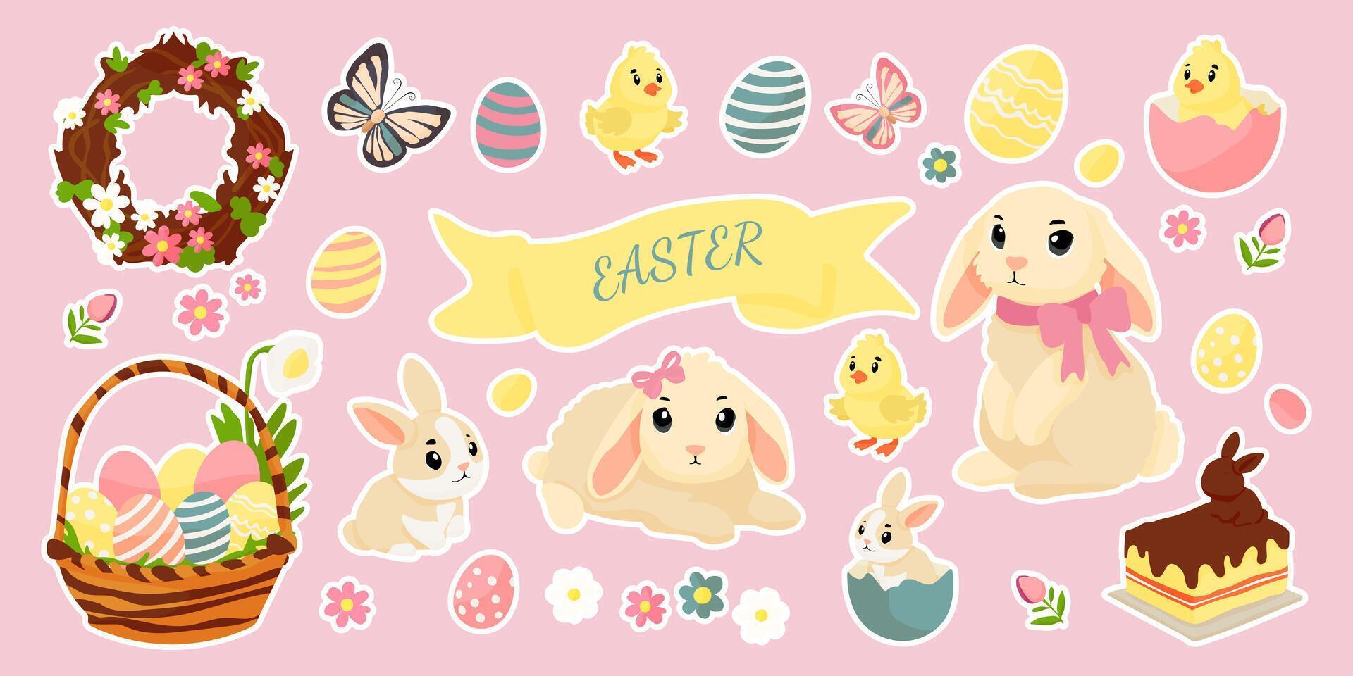 Easter is the theme of this image, featuring various cute animals and Easter decorations. The bunny is the main focus, with other animals such as a chicken and a butterfly also present vector