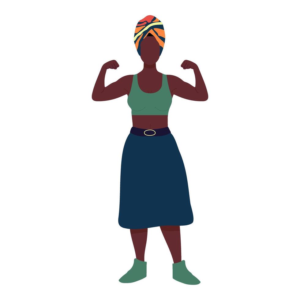 A woman with a turban and a green shirt is standing with her arms crossed. She is wearing a blue skirt and has a belt around her waist vector
