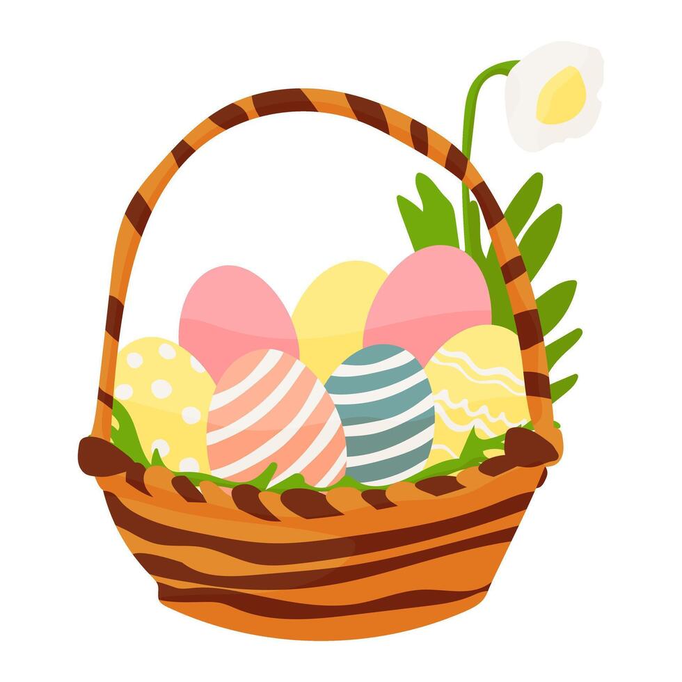 A basket of Easter eggs with a flower in the basket. The basket is brown and has a striped design vector