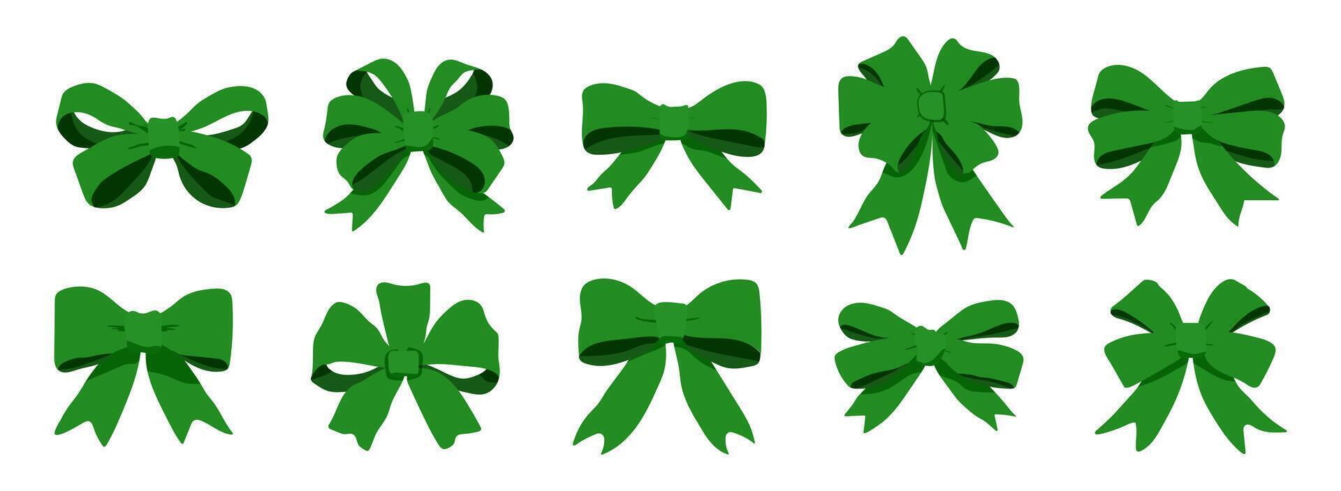 A series of green bows are shown in various sizes and positions. The bows are all green and are arranged in a row vector