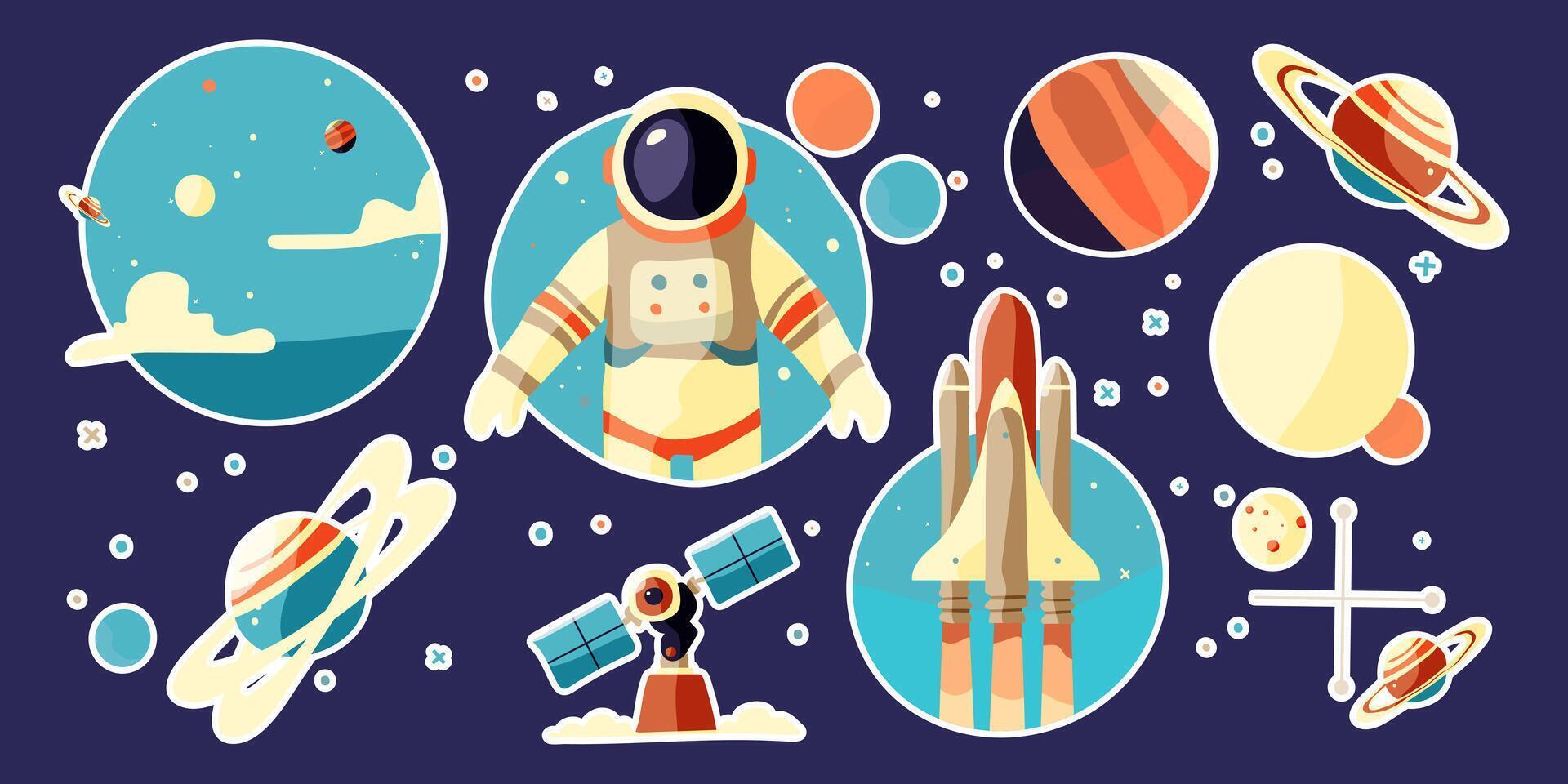 A collection of space-themed stickers featuring a man in a spacesuit, a rocket, and various planets vector