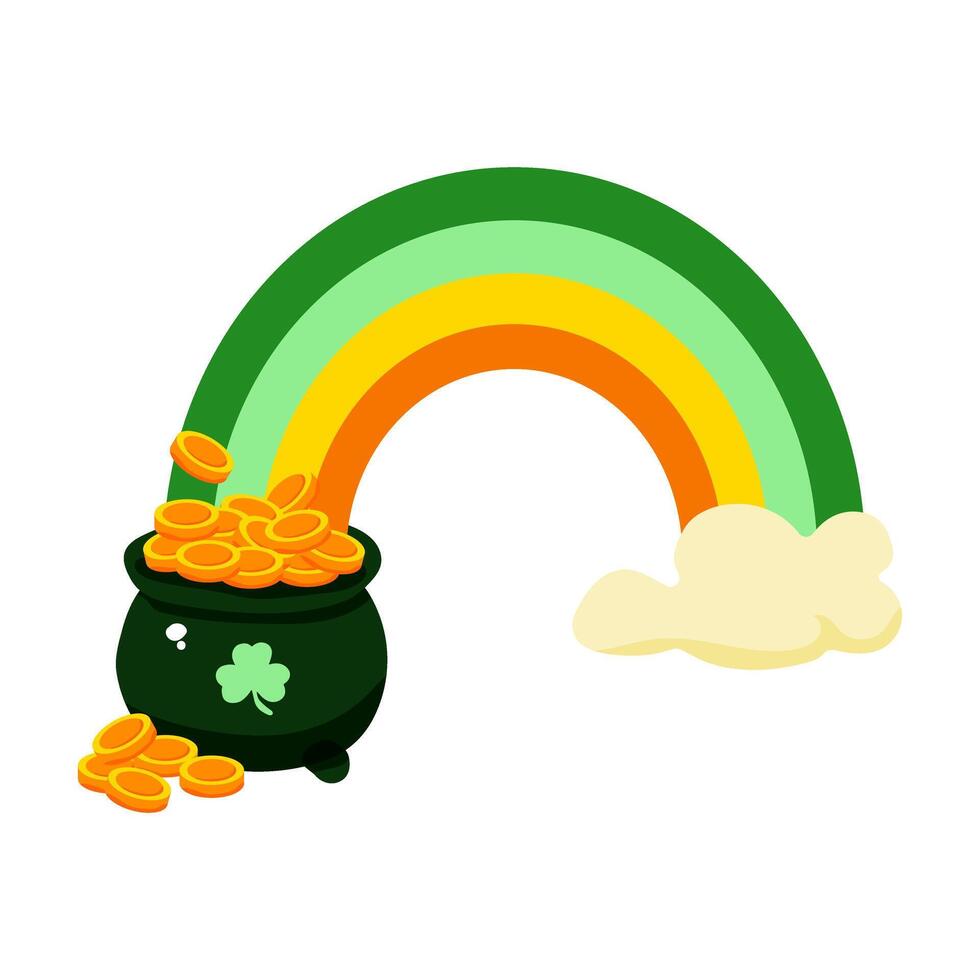 A rainbow with a green pot of gold coins on top. The rainbow is very colorful and the gold coins are shiny vector