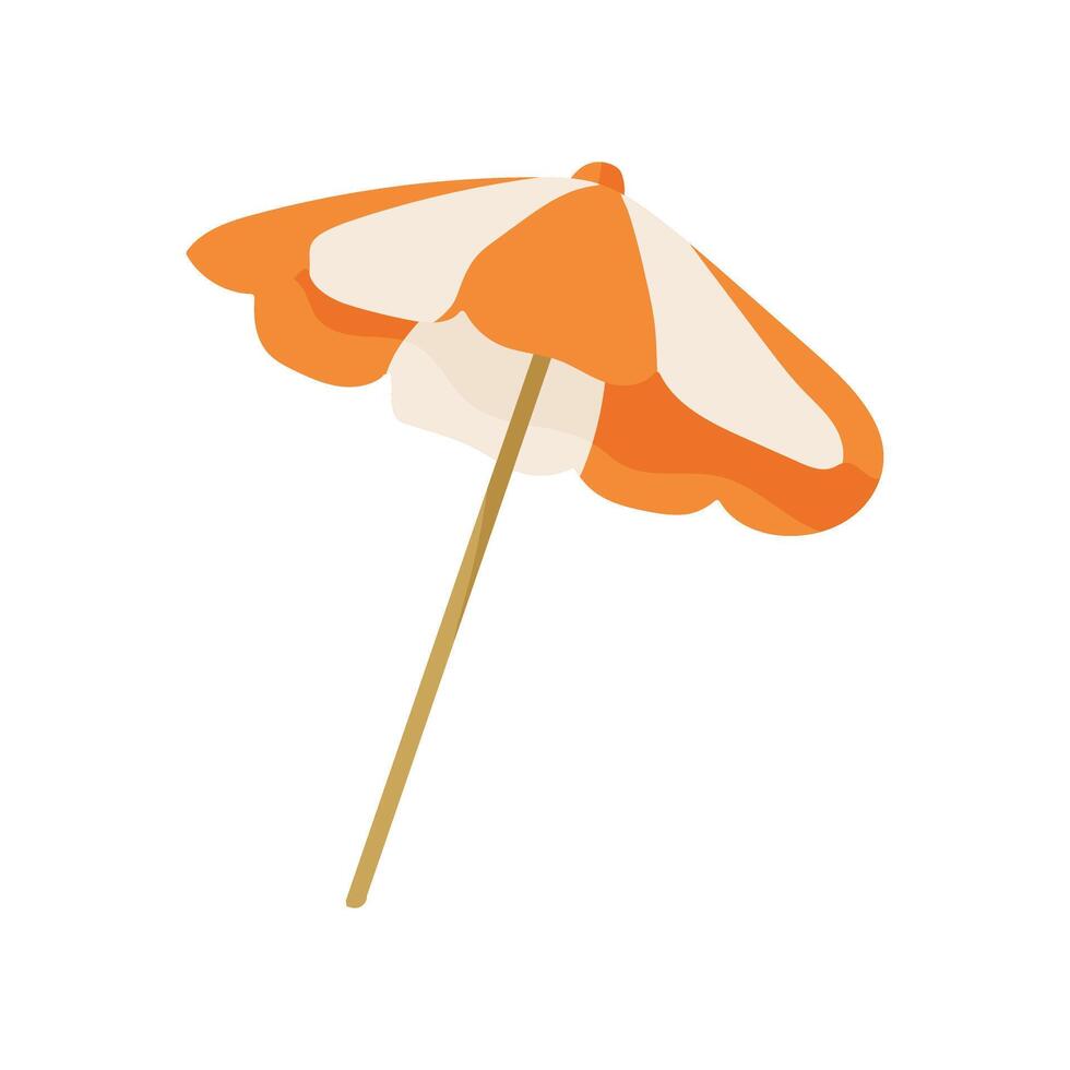 A cartoonish orange and white umbrella with a brown stick. The umbrella is open and the stick is sticking out of it vector