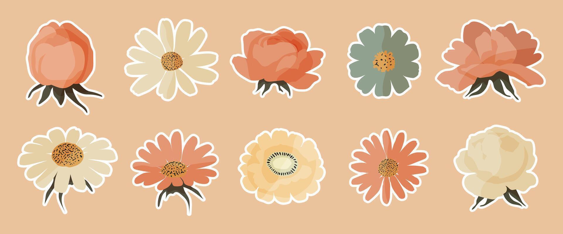 A set of 12 flower stickers with different colors and shapes. The flowers are arranged in a row and are of various sizes. The stickers are placed on a light pink background vector