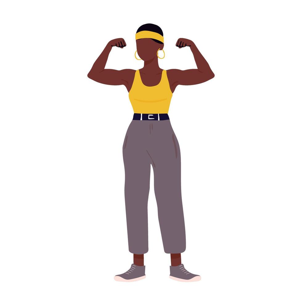 A woman with a yellow tank top and black pants is flexing her muscles. Concept of strength and confidence vector