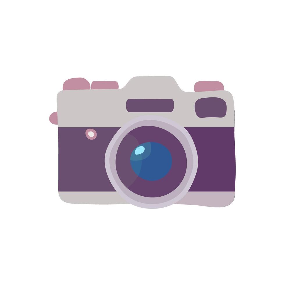 A camera with a blue lens and pink buttons. The camera is purple and white vector