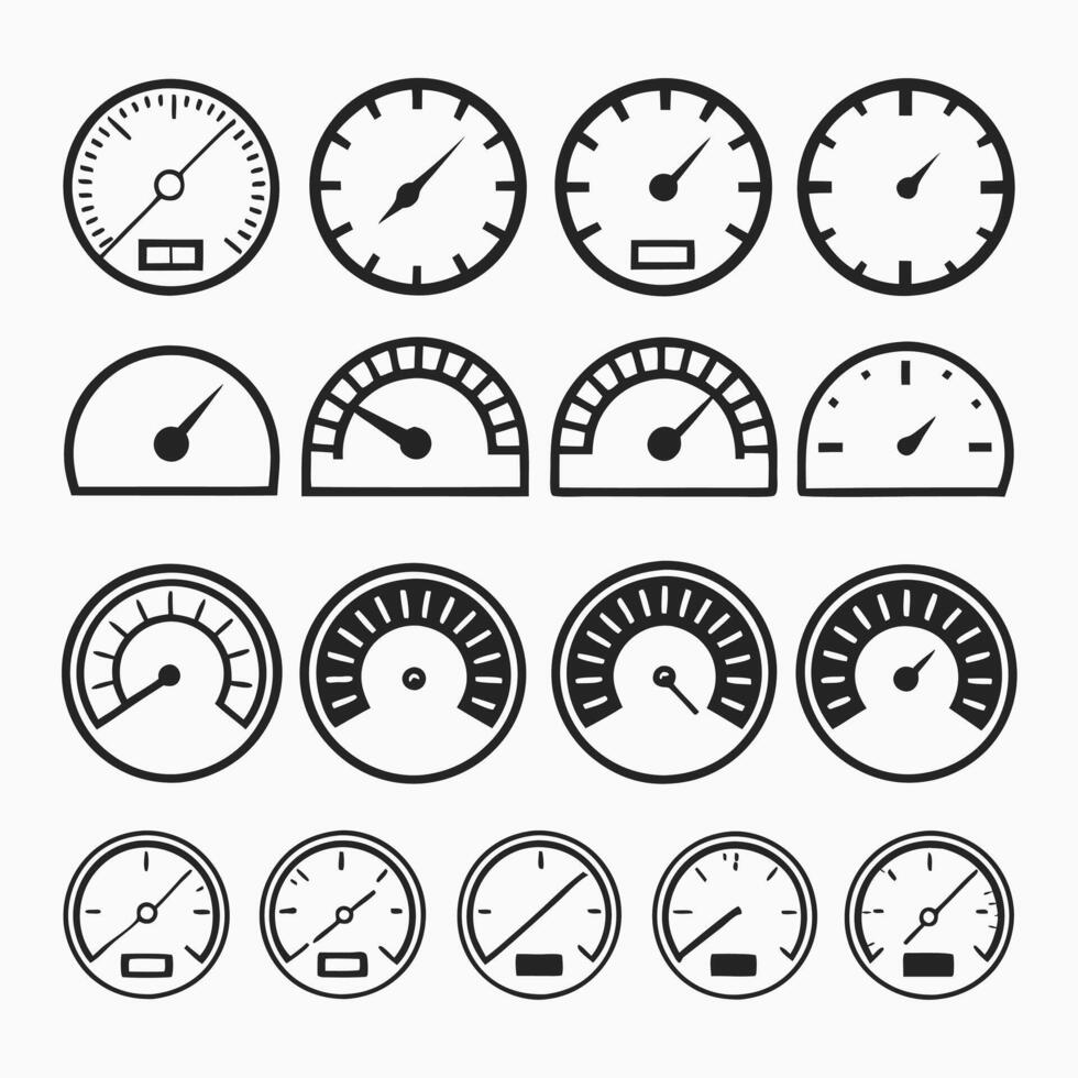 Speedometer and Gauge Icon Set Analog, Digital, and Stylized Designs vector