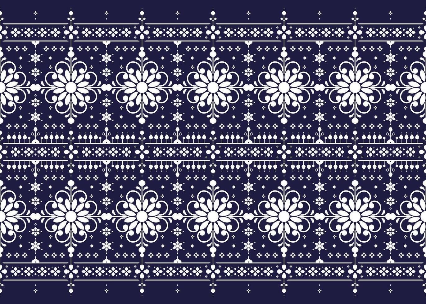 geometric and floral ethnic fabric seamless pattern, aztec style, White color on dark blue background, design for cloth, carpet, batik, wallpaper, wrapping etc. vector