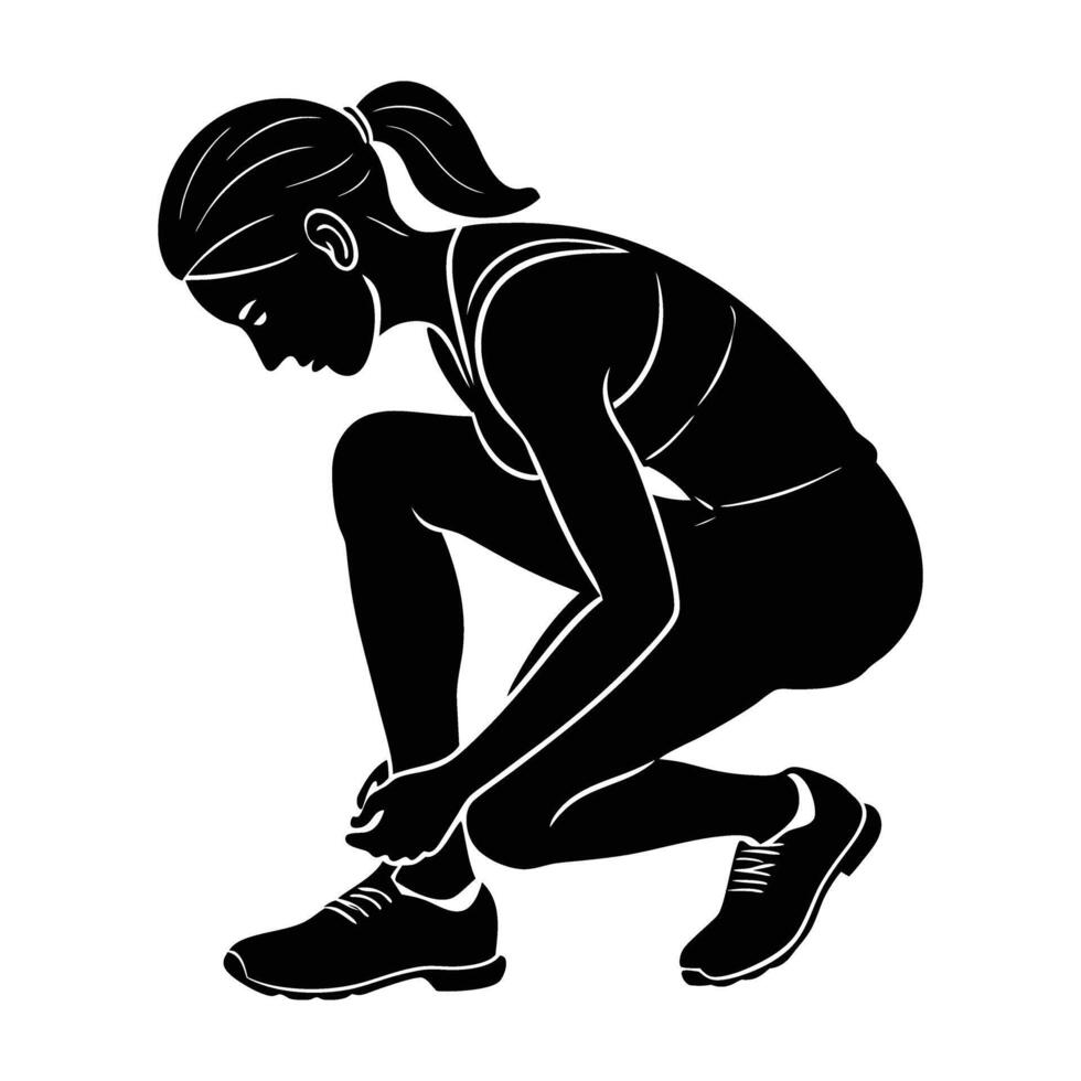Female runner tying shoelaces in simple clean line art style vector