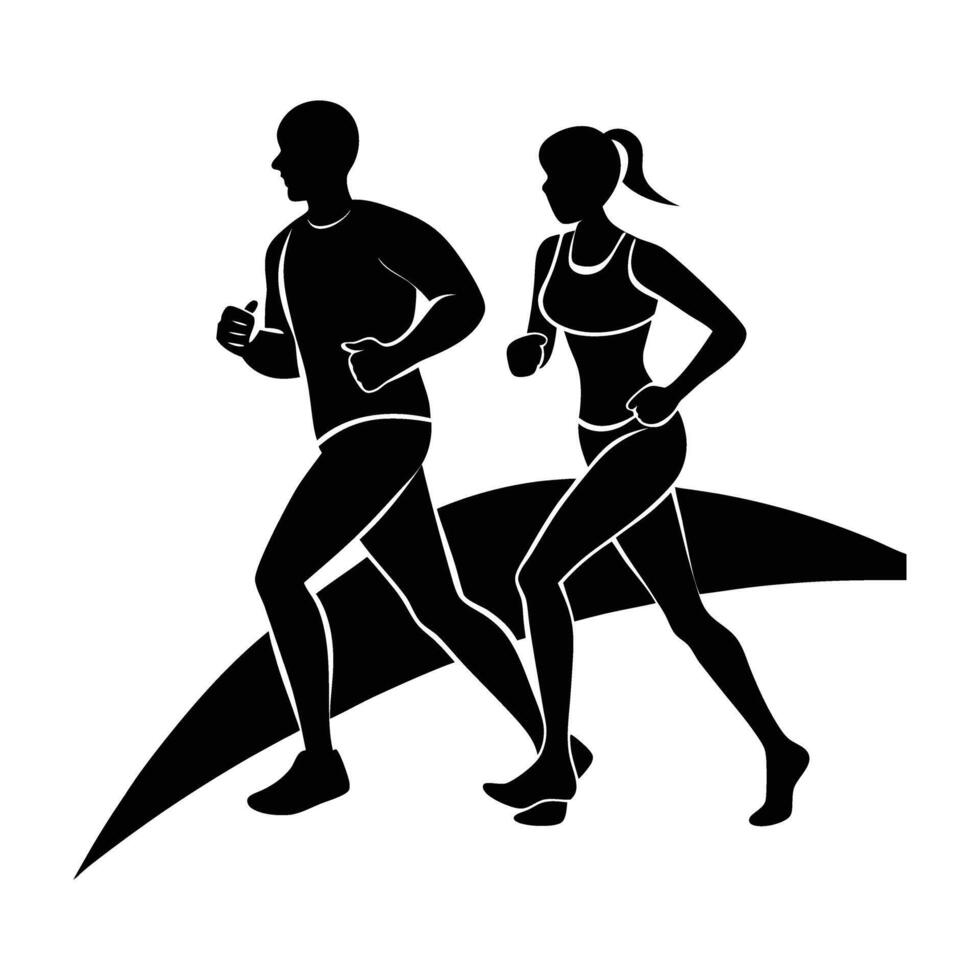 Jogging couple moving together in gentle line art style modern vector