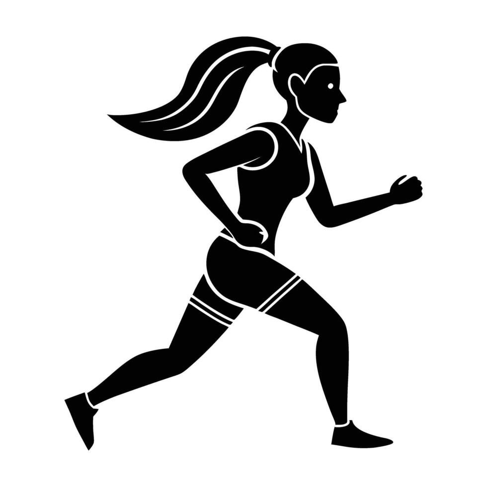 Jogging woman with ponytail enjoying active line art style bright vector