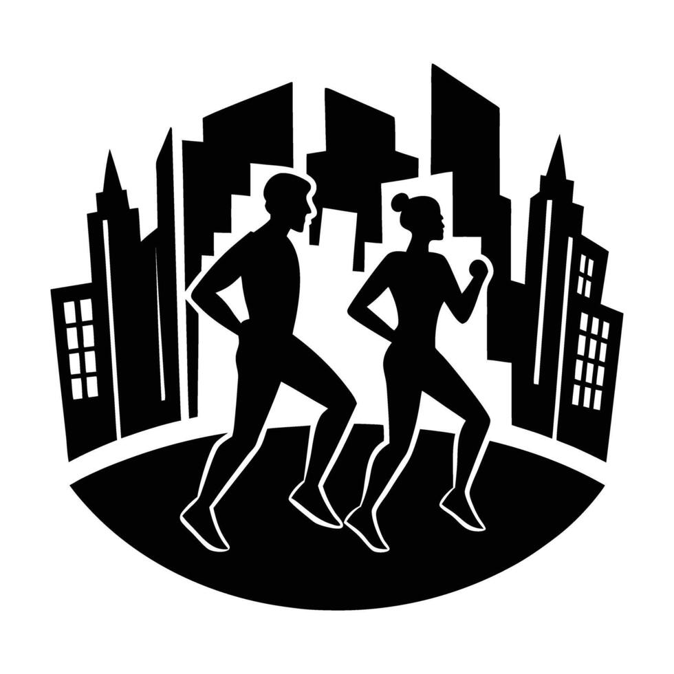 Runners in urban cityscape illustrated with clean line art vividly vector