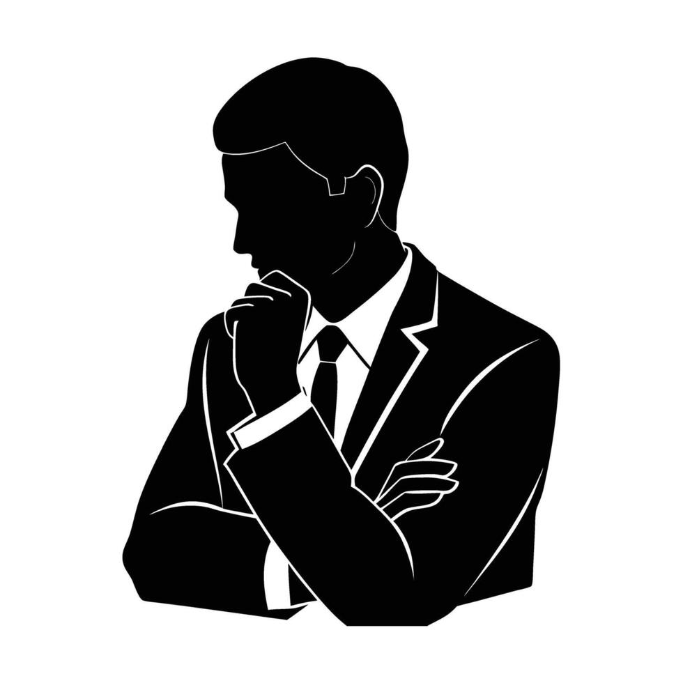 Business person thoughtfully rests chin while pondering complex work challenges vector