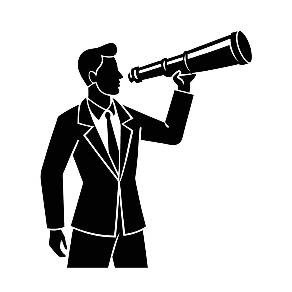 Business person intently peers through telescope envisioning future market trends vector