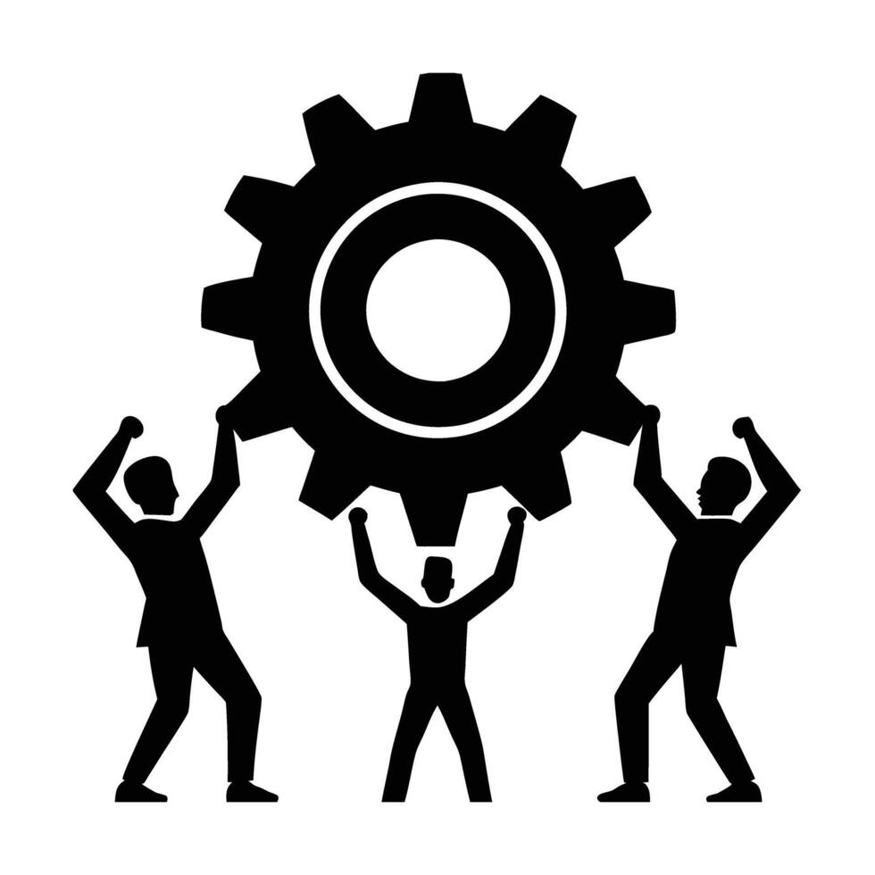 Team lifting giant gear symbolizing strong collaboration and unity efforts vector
