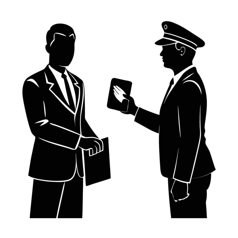Corporate professional carefully hands passport to customs for instant approval vector