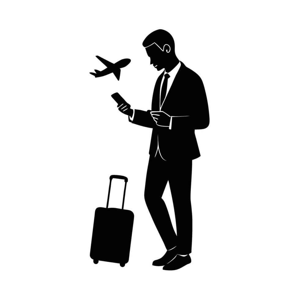 Business traveler quickly checks mobile phone before catching flight now vector