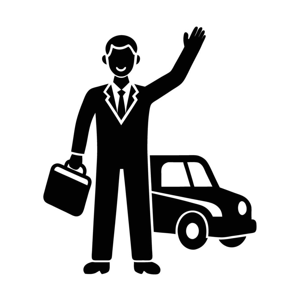 Business traveler warmly waves for rideshare service at airport curb vector