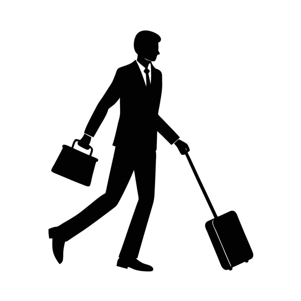 Business person casually pulls heavy suitcase while holding coffee cup vector