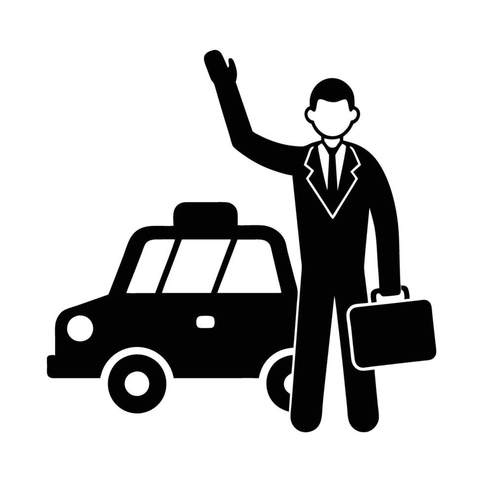 Business traveler energetically waves for rideshare pickup near busy terminal vector