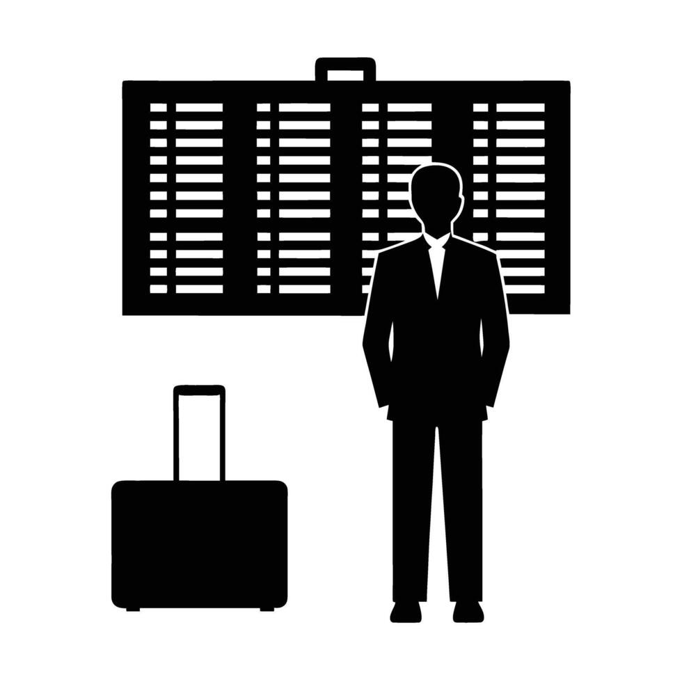 Business traveler attentively observes departure board while waiting in queue vector
