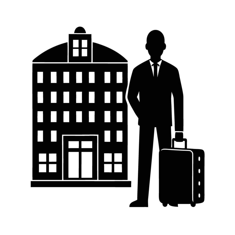Entrepreneur confidently standing outside hotel with modern business suit today vector