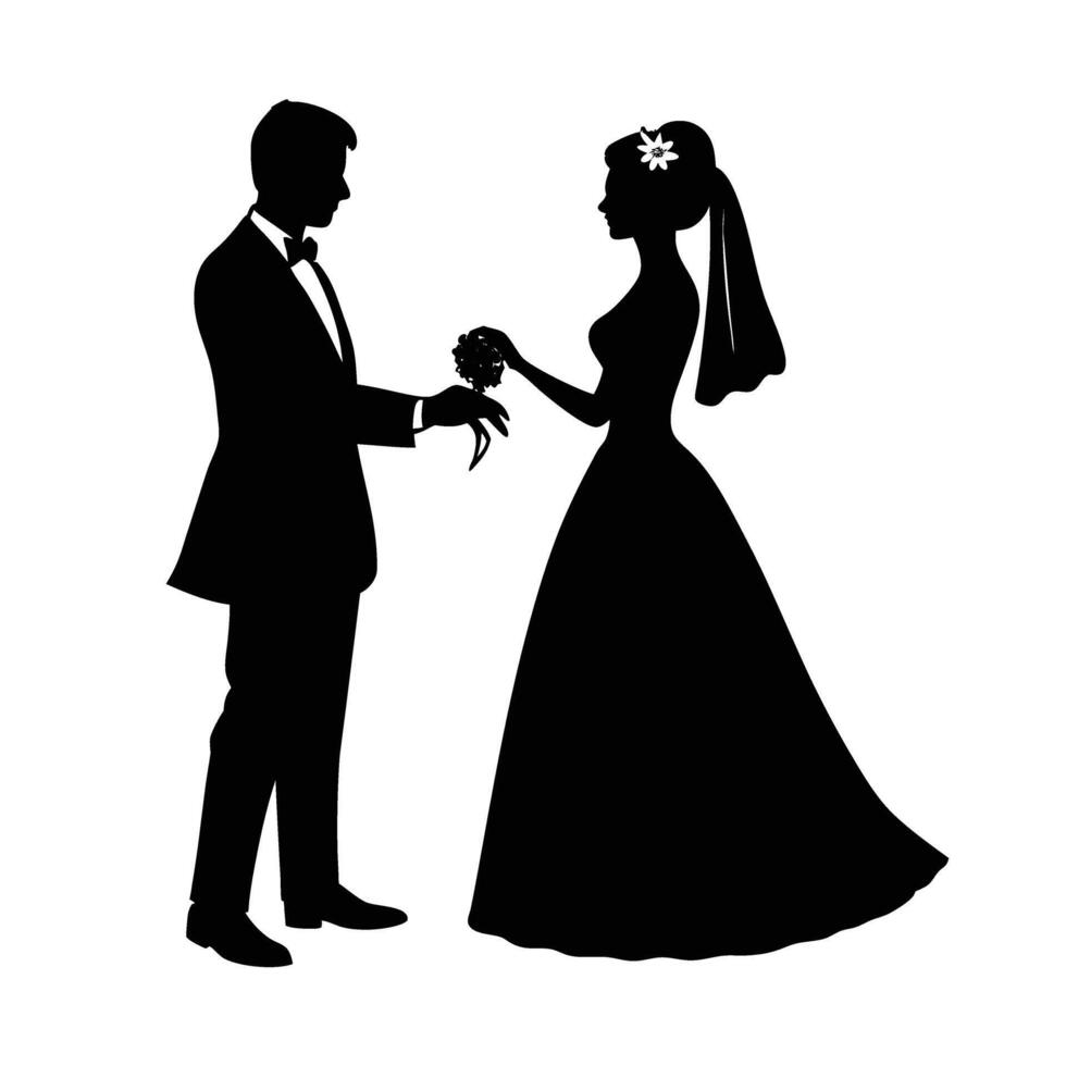Bride groom exchanging wedding rings in pure line art design vector
