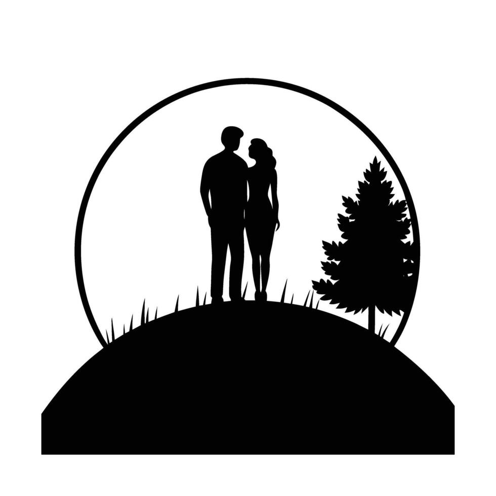 Romantic couple standing on a hill watching a sunset design vector